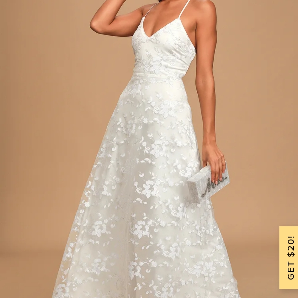 Lulu's White Sequin Embroidered Lace-Up Maxi Dress (size small)